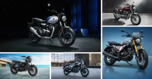 Collage of five comfortable motorcycles in India 2025 including Triumph Speed T4, Honda Hness CB350, Hero Mavrick 440, Jawa 42 FJ, and TVS Ronin