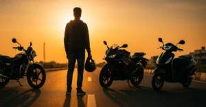 A young Indian man stands at a crossroads with three two-wheelers — a commuter bike, a sportbike, and a scooter — symbolizing the confusion of first-time bike buyers in India.