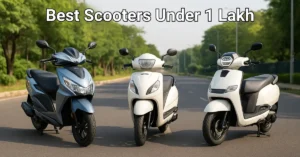 Top scooters under ₹1 lakh in India 2025, parked on an empty road with green trees in background